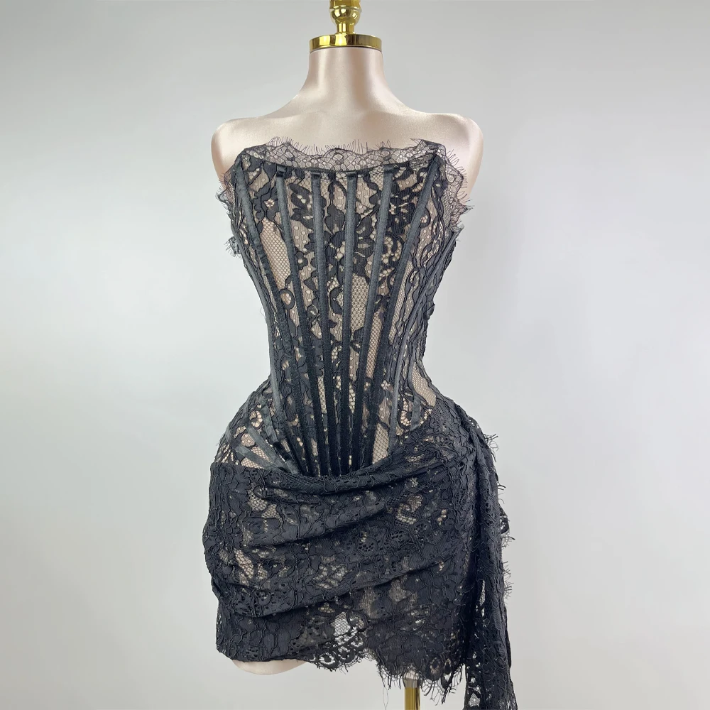 Sexy Lace See-through Solid Color Sheer Patchwork High Waist Lace Dress Sleeveless Lace-up Adjusted Draped Slim Evening Dress