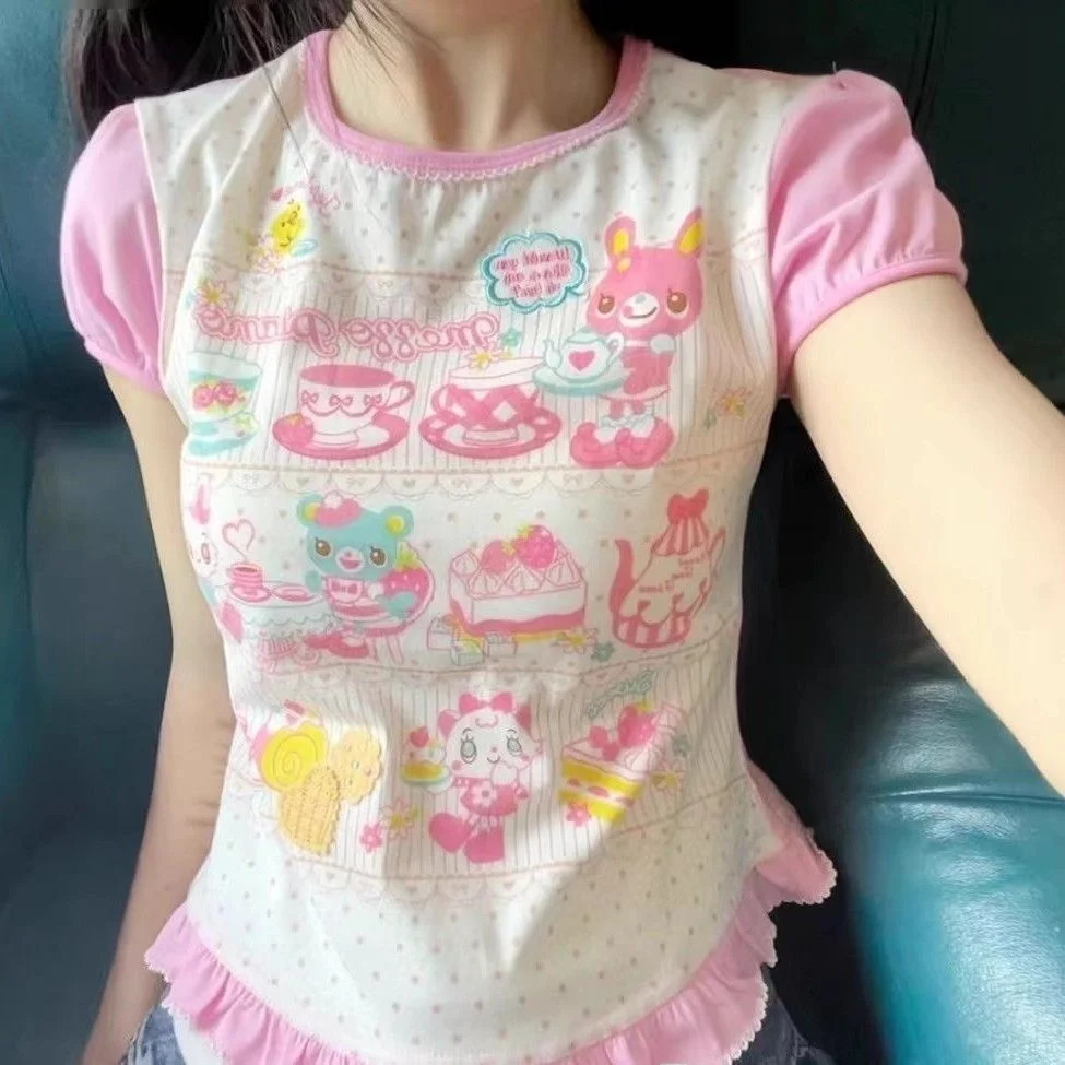 

Summer Cute Cartoon ort Sve Lace T-irt Little Girl's Sweet Heart Soft And Trendy Commute Sle Slim Fit round Ne Top