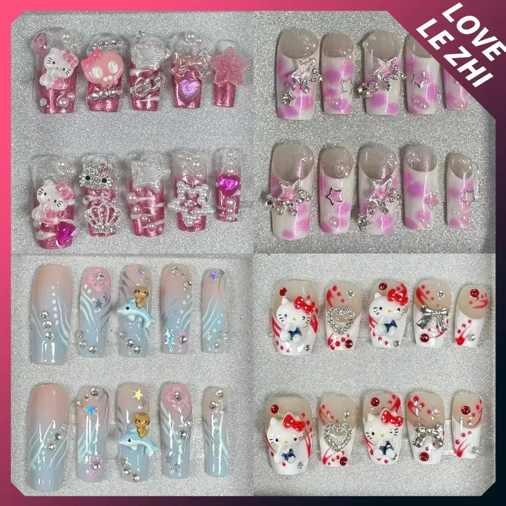 Sanrios artesanal acrílico rosa imprensa em unhas olá kitty curto círculo quadrado unhas falsas manicure doce bonito dicas arte presente