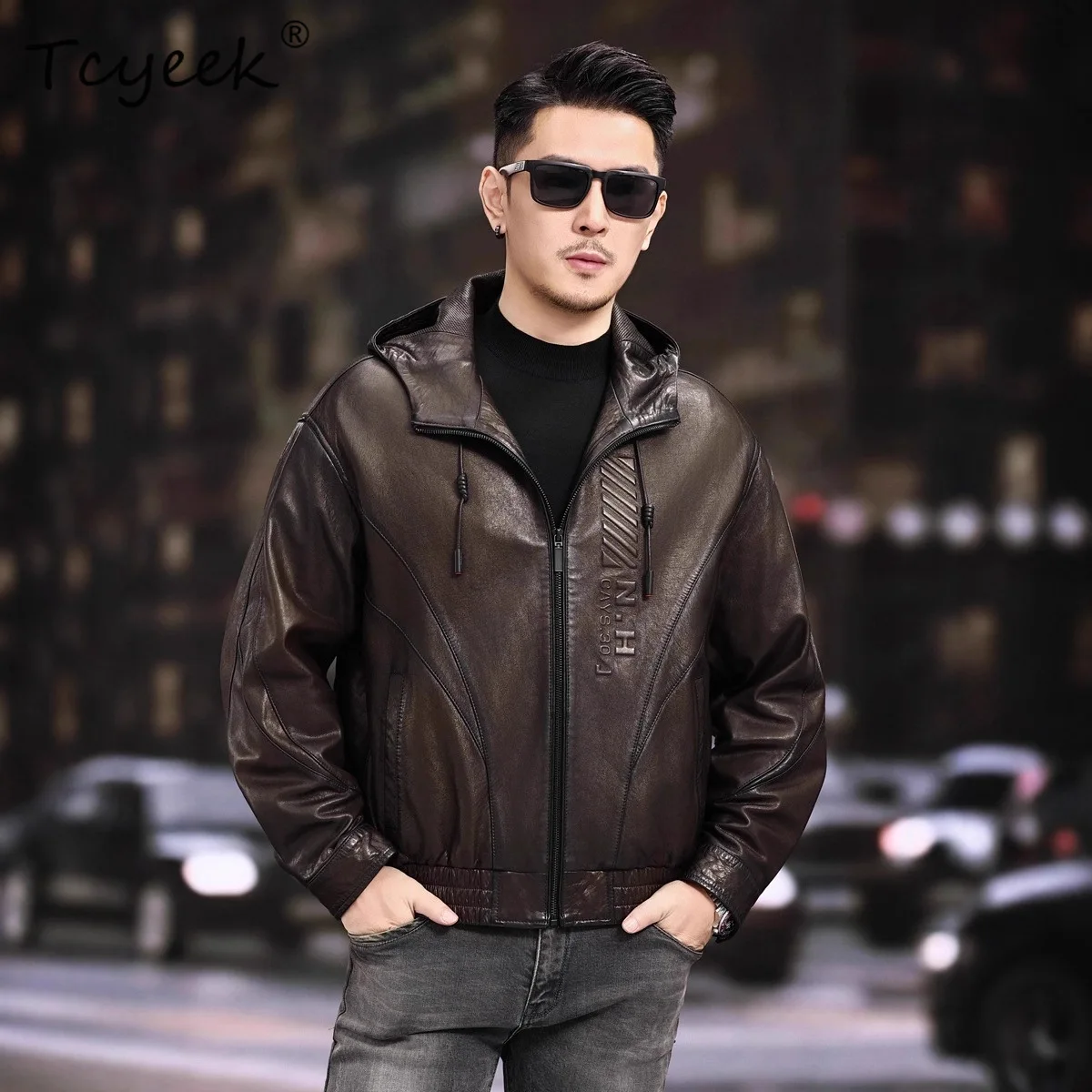 

Tcyeek Oil Wax Sheepskin Genuine Leather Jacket Men 2025 Chic Mens Coats Hoodie New in Coats Autumn Clothes Jaqueta De Couro