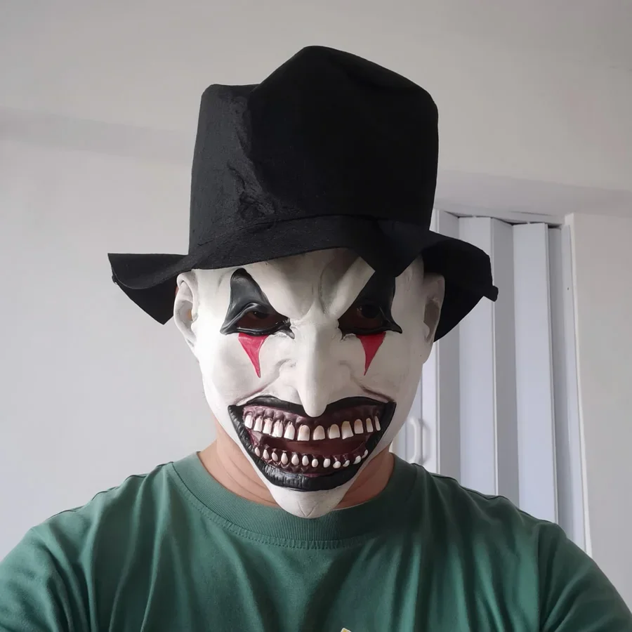 Con sombrero, máscara de bufón del Joker malvado con sombrero, máscaras faciales de payaso, mascarada de látex para Halloween, disfraz para adultos, casco que cubre la cabeza