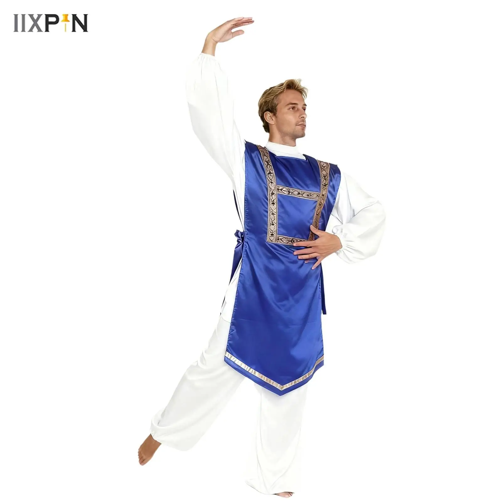 

Mens Praise Worship Dance Tunic Tops Chic Trim Side Lace-up Satiny Vest Tank Top Pullover Robe for Liturgical Lyrical Dance