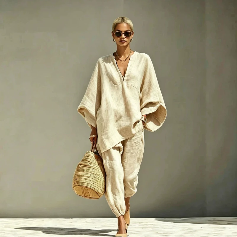 

2026 Spring/Summer Hot Selling New Fashionable Casual Style Design Bat Sleeve V-neck Lazy Loose Two Piece Set for Women