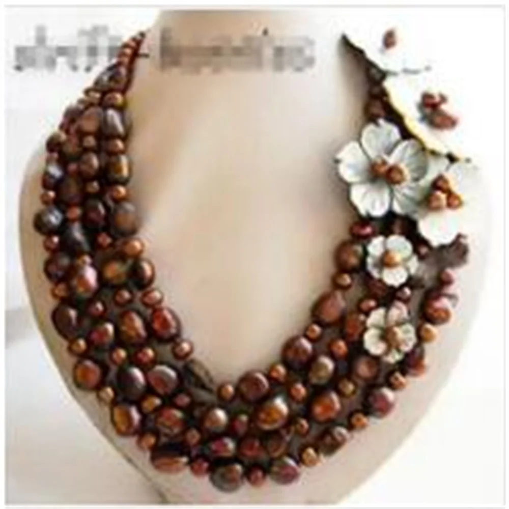 4Srands 18\'\' 12mm Black Coffee White Baroque Round Freshwater Pearl Shell Flower Necklace