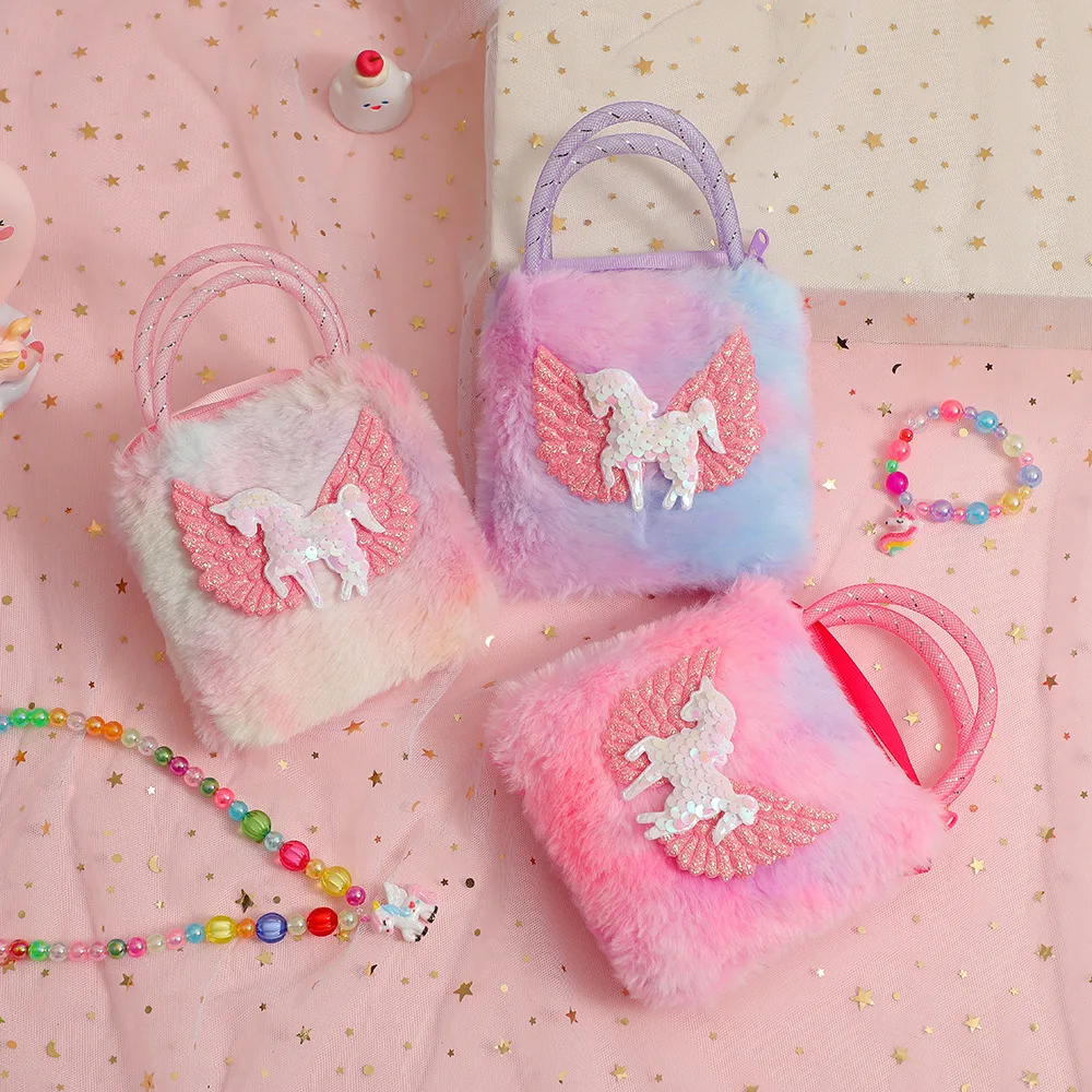 1 pièce mignon fourrure dessin animé enfants sac à bandoulière pour fille en peluche brillant dessin animé licorne sac à bandoulière bébé petits objets sac de rangement