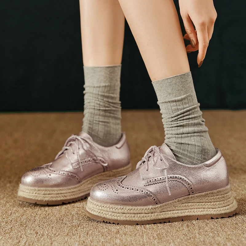 

All-Match Genuine Leather Women Casual Sneakers Flat Shoes Oxfords Platform Espadrilles Round Toe British Style Brogue Shoes New