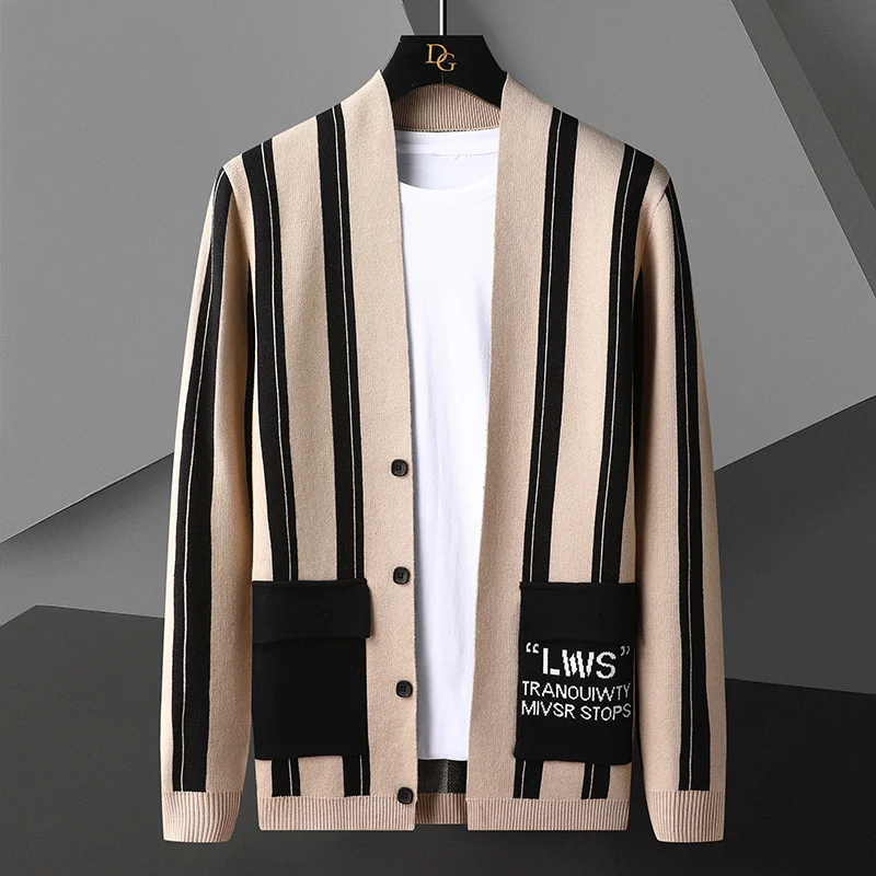 Designer Autumn Fashion Knit Cardigan Jacket Sweater Striped Contrast Patchwork Printing Cardigan Men Sweter Korean Sweater Coat