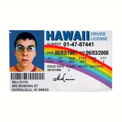 Hawaiian Driver License Fake ID Flag, Movie Props, Funny Banner for College Dorm Room Decor
