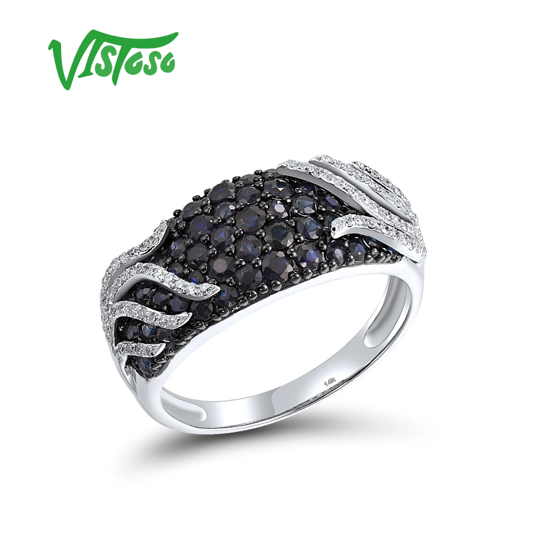 

VISTOSO Genuine 14K 585 White Gold Ring For Women Sparkling Diamond Blue Sapphire Promised Wedding Engagement Edgy Fine Jewelry