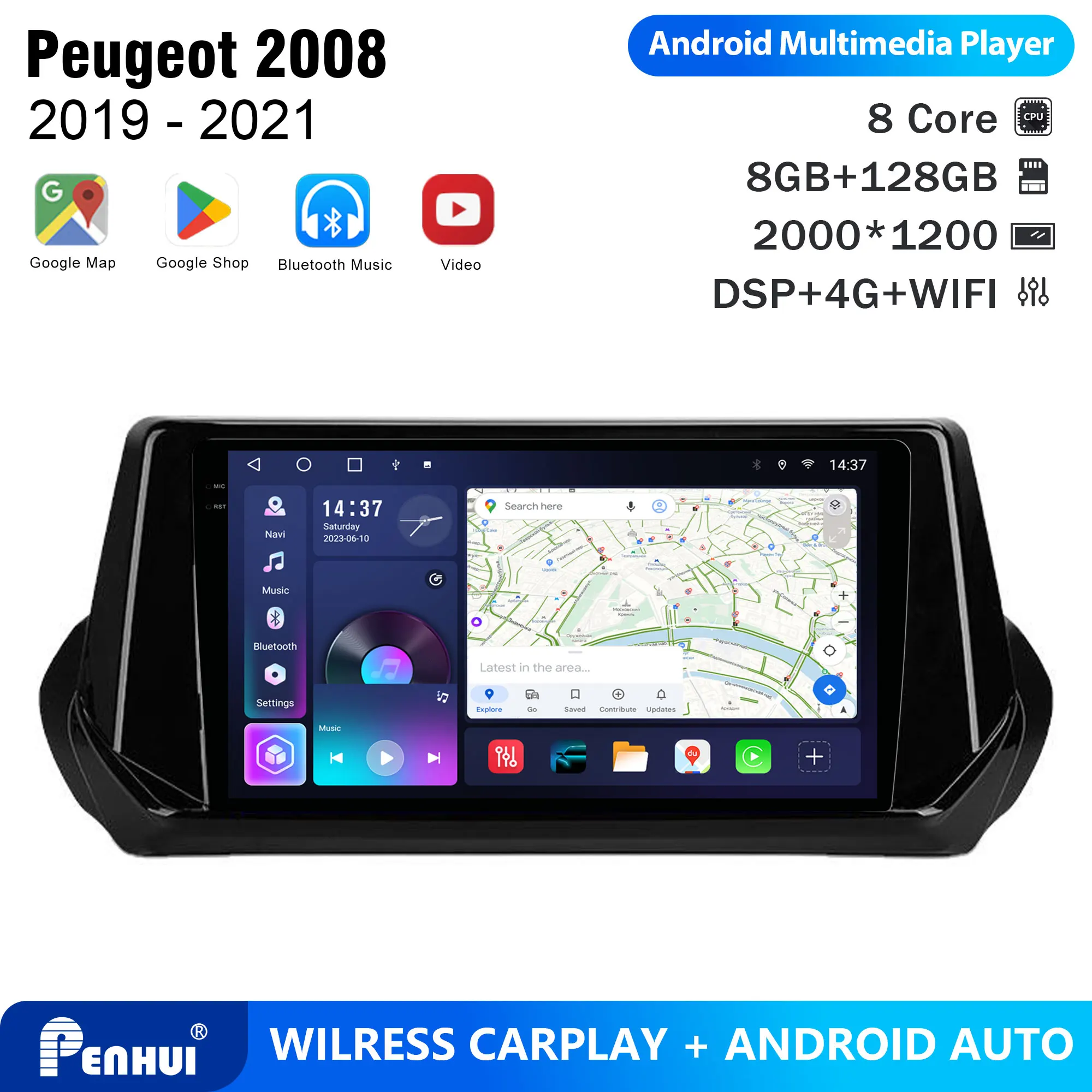 

Автомагнитола Penhui для Peugeot 2008 2019-2021, Android, 2DIN, 9-дюймовый сенсорный экран, DSP, Bluetooth, видео, радио, мультимедийная система