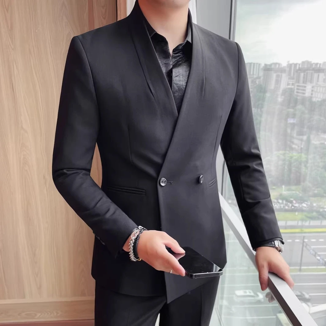 

Autumn Winter Collarless Gentleman's Suit Jacket Men's Dinner Party Formal Dress Coats Blazers Wedding Business Suit Jackets