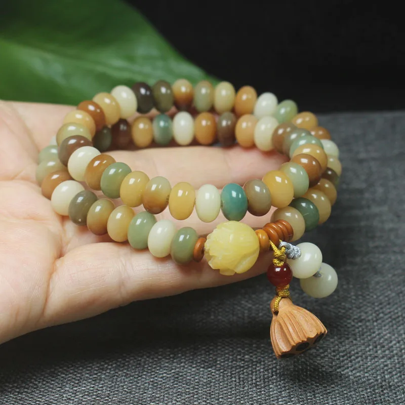 Dunhuang Bodhi Abacus Bead Double Circle Buddhist Bead Bracelet with Lotus Pendant, Handheld Rosary Jewelry Gift
