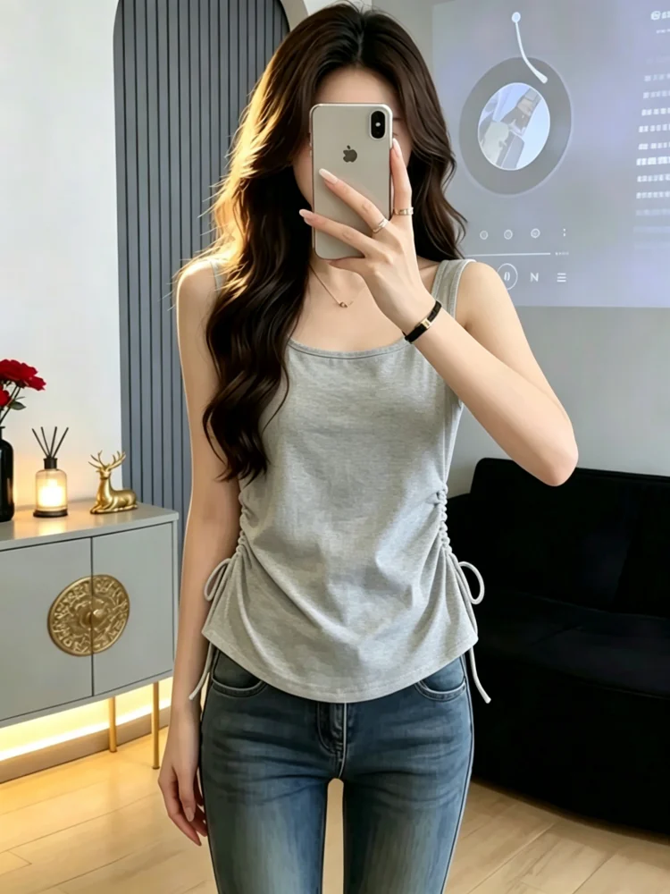 Summer New Women's Cotton Blend Tank Top Drawstring Waist Slim Fit Base Shirt Inner Wear Outer Wear Casual Simple Style