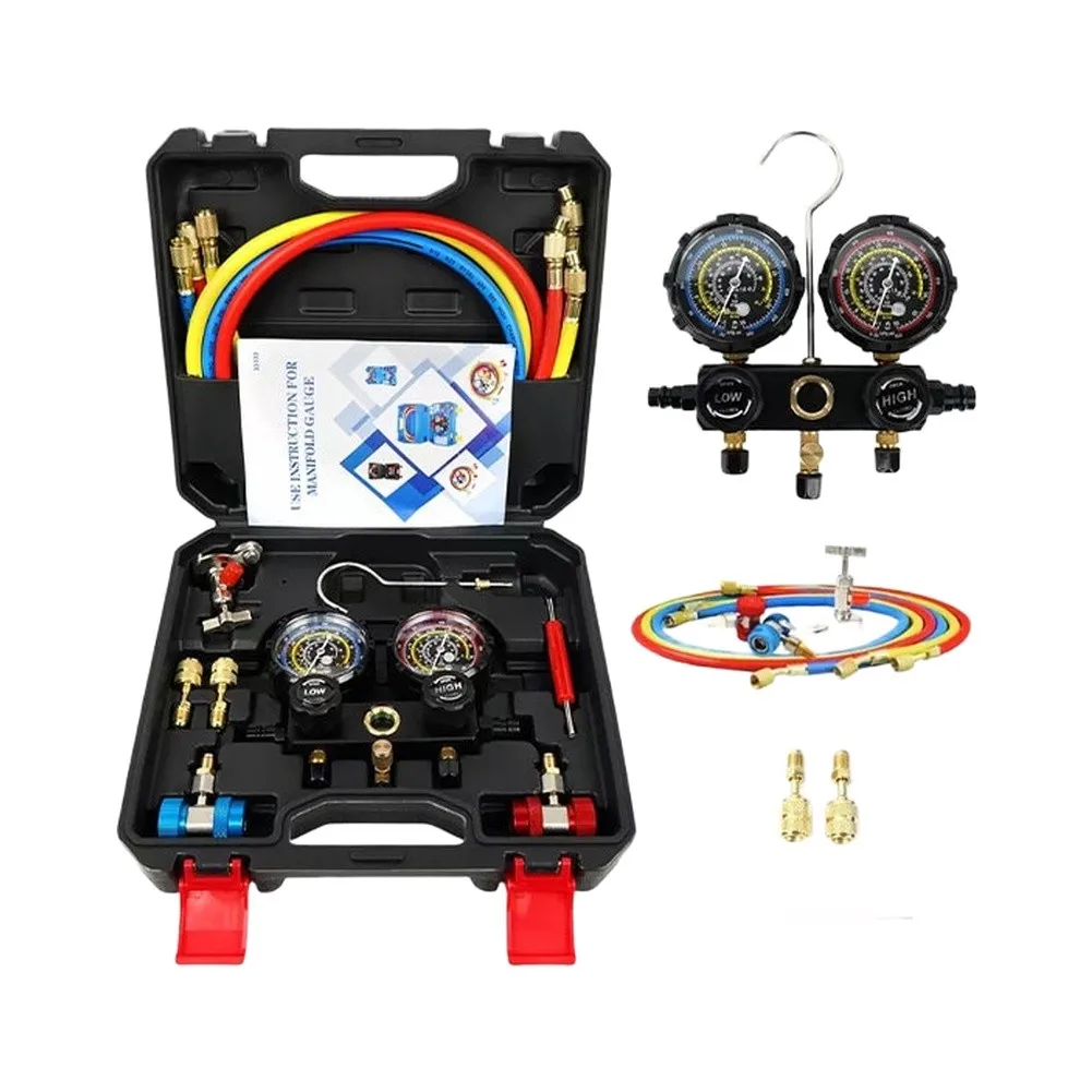 AC Manifold Gauge Set 3-Way With 5FT Hoses, R134A R410A R22 Recharge Kit, Brass Fittings & Storage Case For HVAC