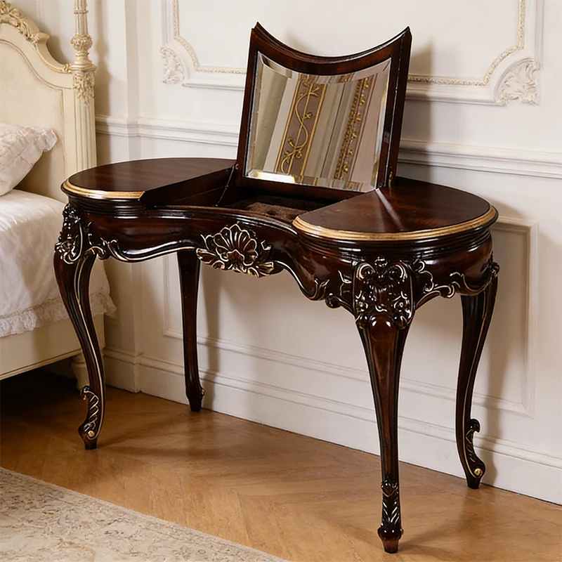 ！@Apartment House Custom Flip Top Mirror Design Wooden Veneer Furniture Handmade French Antique Dressing Table Gold Bedroom Hote