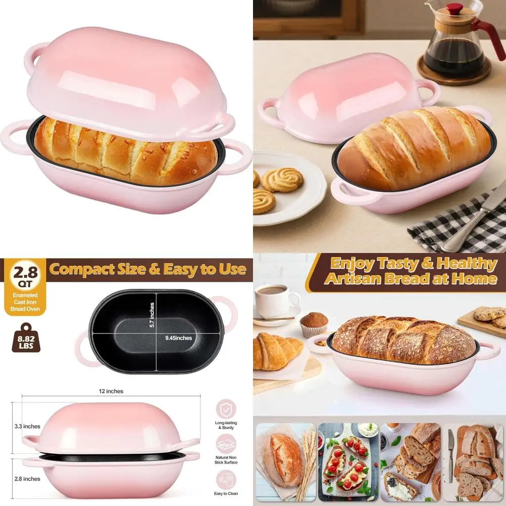 

2.8-Quart Pink Oval Cast Iron Dutch Oven with Lid - Perfect for Bread, Roasting, and More