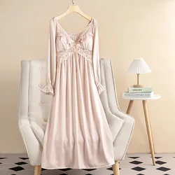 Female Long Nightdress Elegant French Palace Princess Nightgown Sleepwear Sexy Sweet Ruffle Lace Bathrobe Casual Satin Home Wear