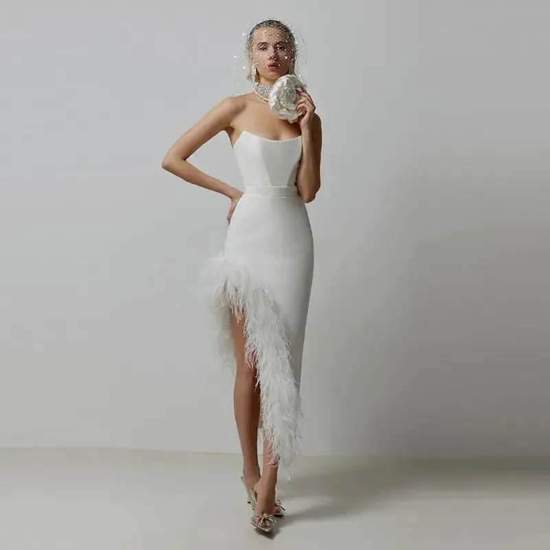 Women's Fashion Strapless Summer Dress Lady Elegant Dress Off Shoulder Natural Ostrich Feather Asymmetric