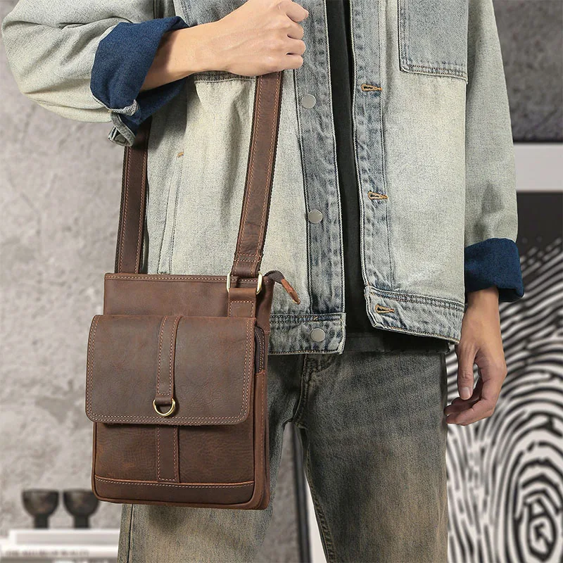Handmade Retro Genuine Leather Messenger Bag Men Multi Pockets Vertical Crossbody Satchel Durable Cowhide Tablet Shoulder Purse