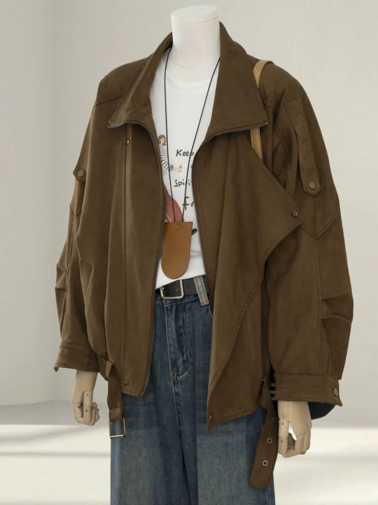 WHTREND براون بدوره إلى أسفل طوق سترة من جلد الغزال للنساء حجم كبير نمط جديد رائع فضفاض تنوعا سستة دراجة نارية معاطف السترة #2