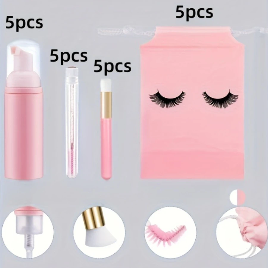 مجموعة العناية بالرموش مكونة من 20 قطعة - 5 مضخات إسفنجية + 5 فرش تفاصيل + 5 أكياس توزيع عصا + 5 أكياس تخزين |   مجموعة سفر صالون النظافة