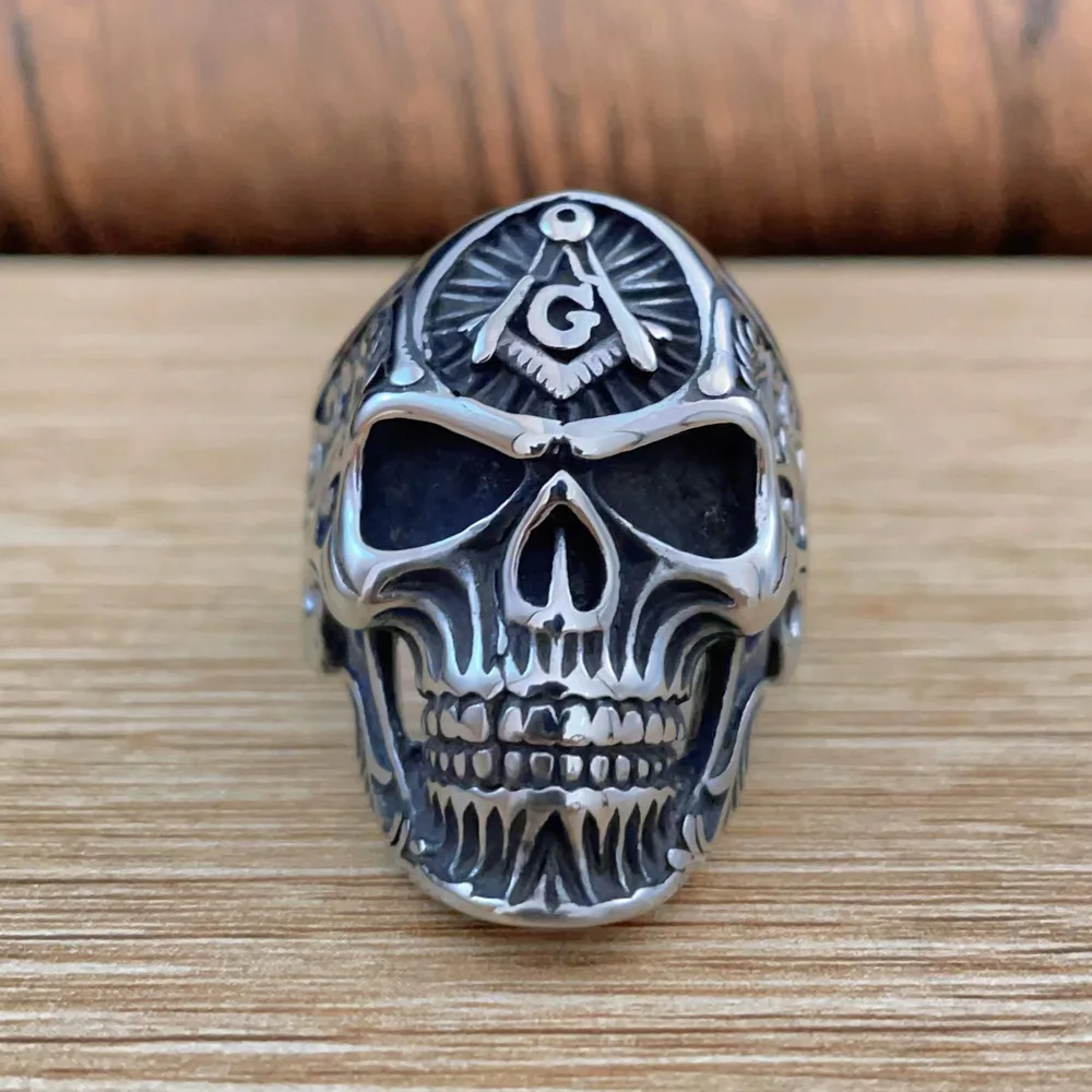 316L Stainless Steel Retro Masonic Skull Ring Men Fashion Punk Floral Pattern Letter G Ring Biker Amulet Jewelry Gift Wholesale