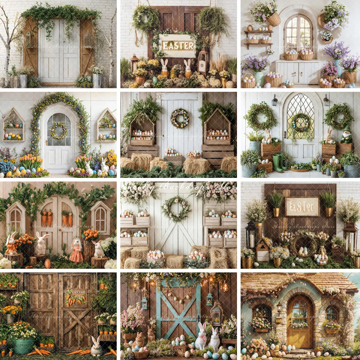 Easter Egg Rustic Barn Door Background Kids Child Photocall Decors Adult Baby Props Wreath Floral Photography Studio Backdrop