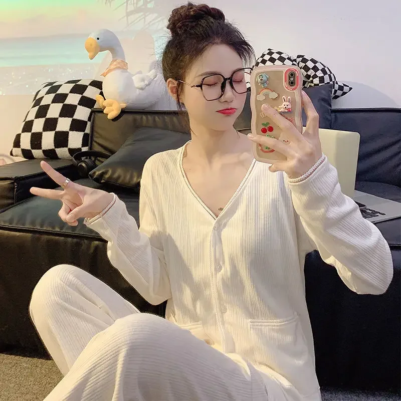 Pajamas Female Spring and Autumn Payment Pure Cotton Long Sleeve New Style Sex Appeal Korean Version Simple V-neck Apricot Set