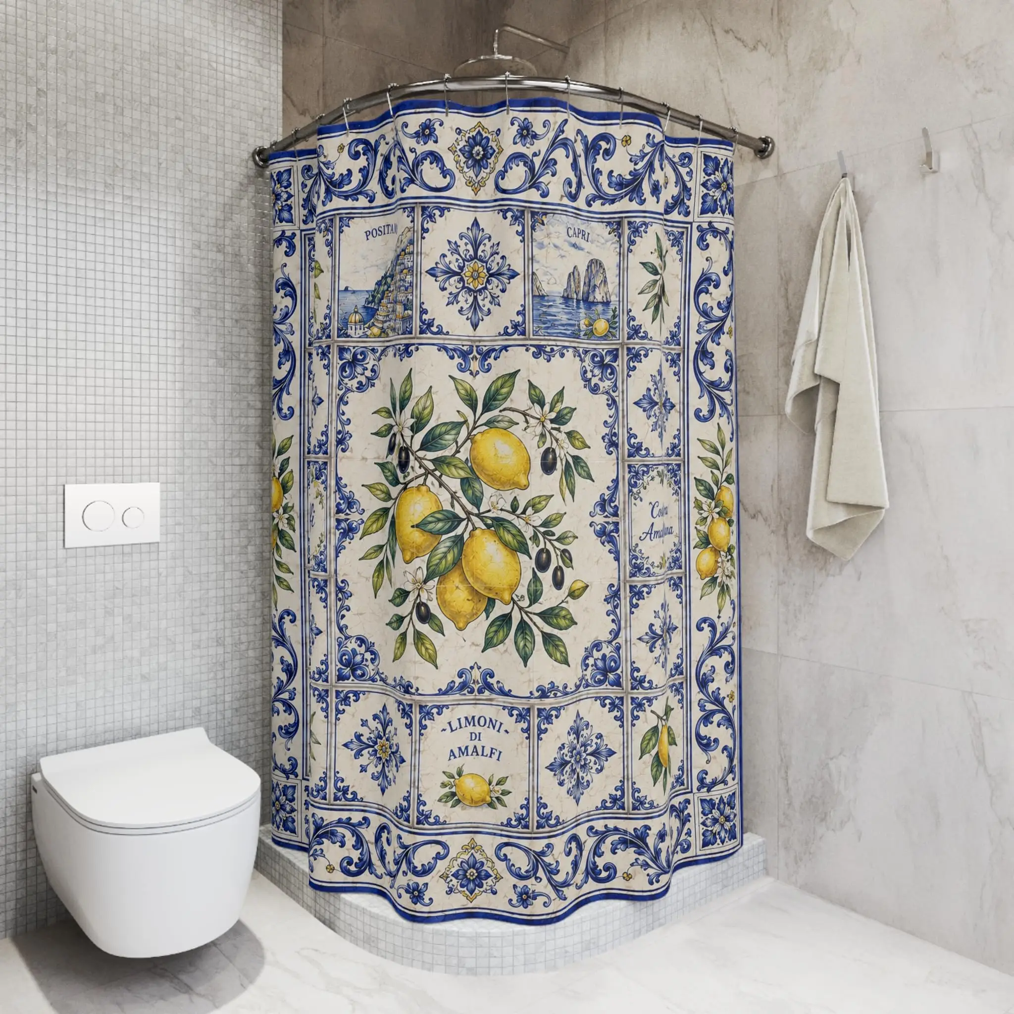 Amalfi Lemon Shower Curtain, Mediterranean Bathroom Decor, Italian Coastal Tile Curtain, Blue White Tile Capri Bathroom