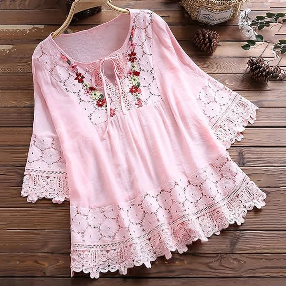 L-5XL Plus Size Women Casual Loose Shirts Summer Tie-Front V Neck Splicing Lace Blouse Bohemian 3/4 Sleeve Appliques Floral Tops