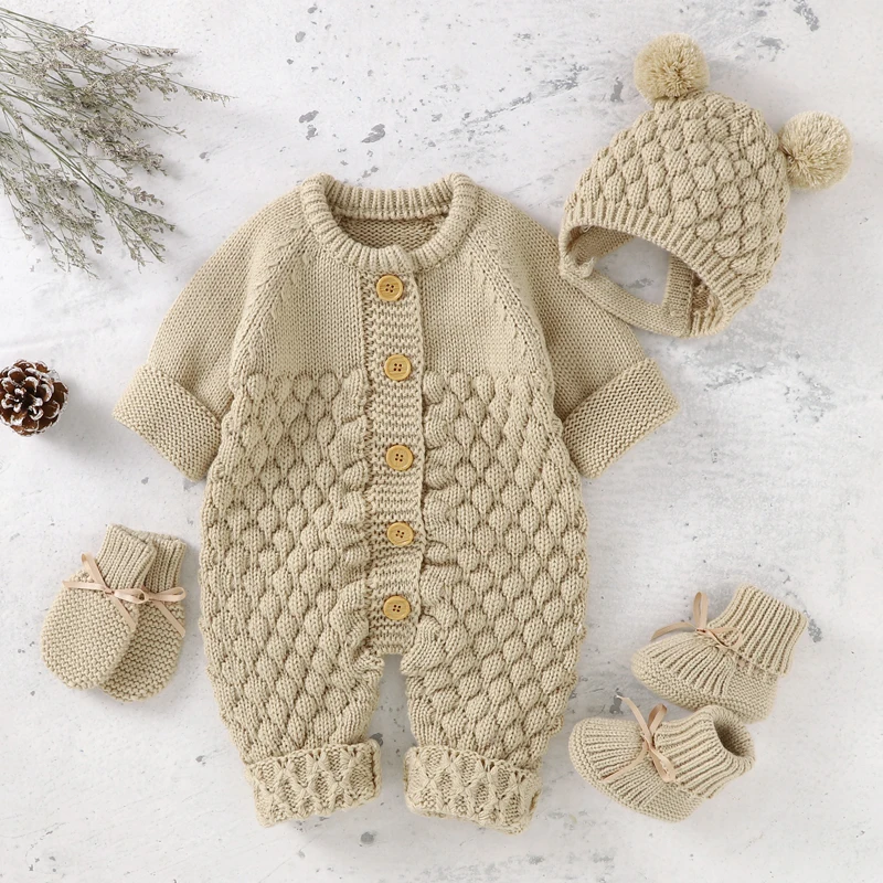 Baby Rompertjes Caps Kleding Sets Pasgeboren Meisje Jongen Gebreide Jumpsuits Outfits Herfst Winter Lange Mouw Peuter Infant Overalls 2 Stuks