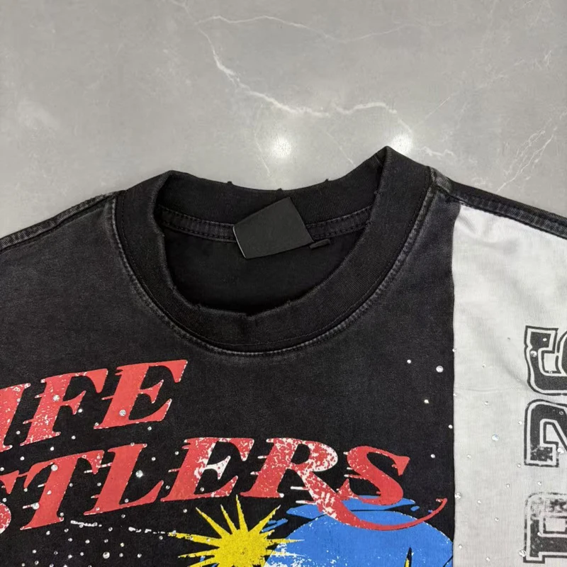 Retro Color Contrasting Hot Diamond Men Women Casual Trend LIFE HUSTLERS T-shirt Printed Worn-out Short Sleeved Top