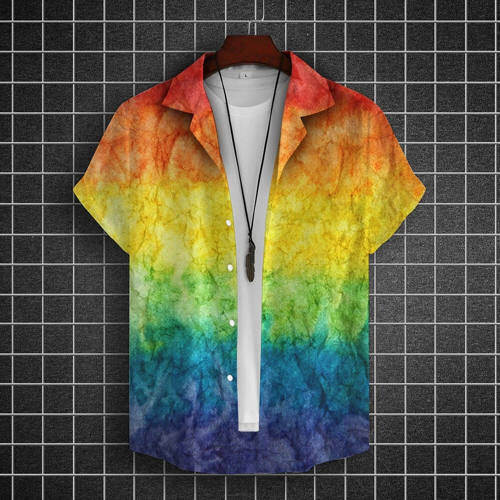 Men Summer Lapel Short Sleeve Hawaiian Shirt Casual Versatile Beach Tops, Rainbow Gradient Oil Painting Stripe Print