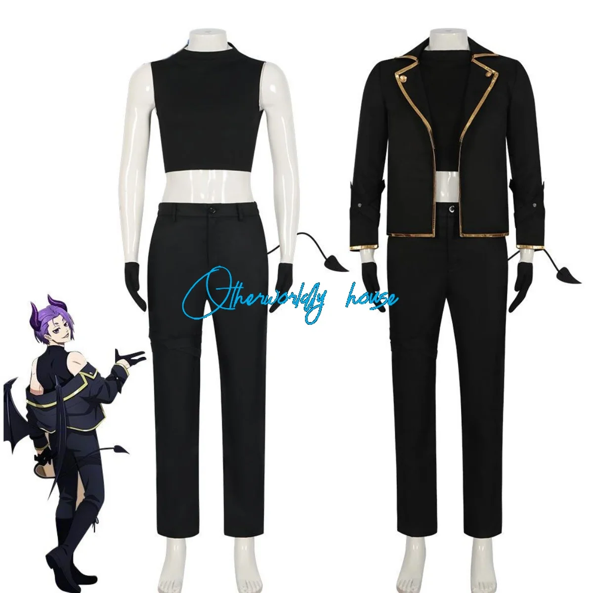 Anime Blue Lock Mikage Cosplay Costume Black Devil Uniform Wig Gloves Headwear(Purple Horns) Cosplay Clothes Men Convention Suit