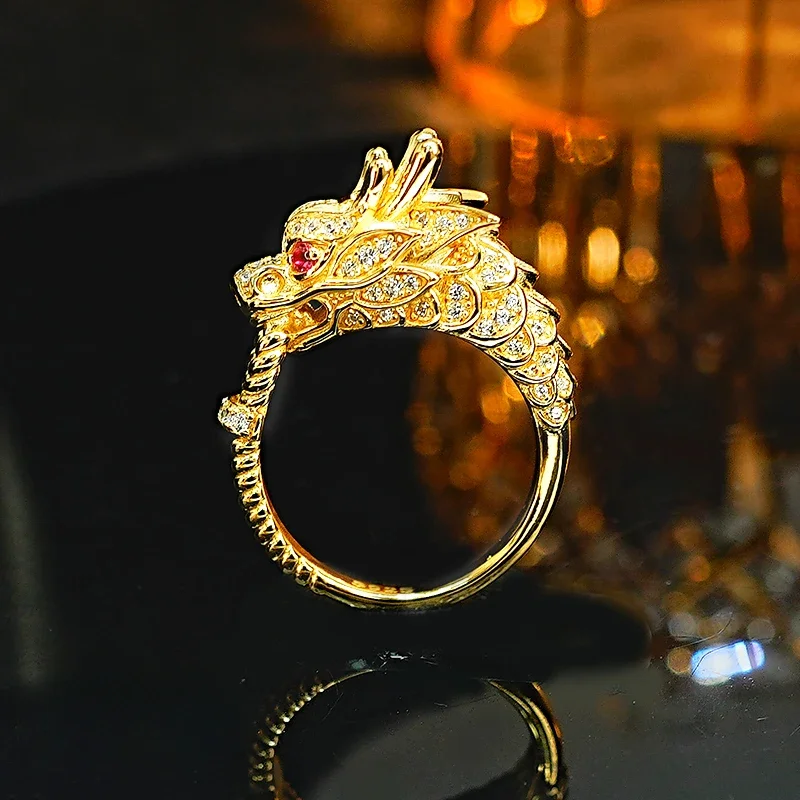 

2024 Medieval Style Personalized Dragon Head 925 Silver Zodiac Ring Inlaid with High Carbon Diamond Retro Domineering Wedding