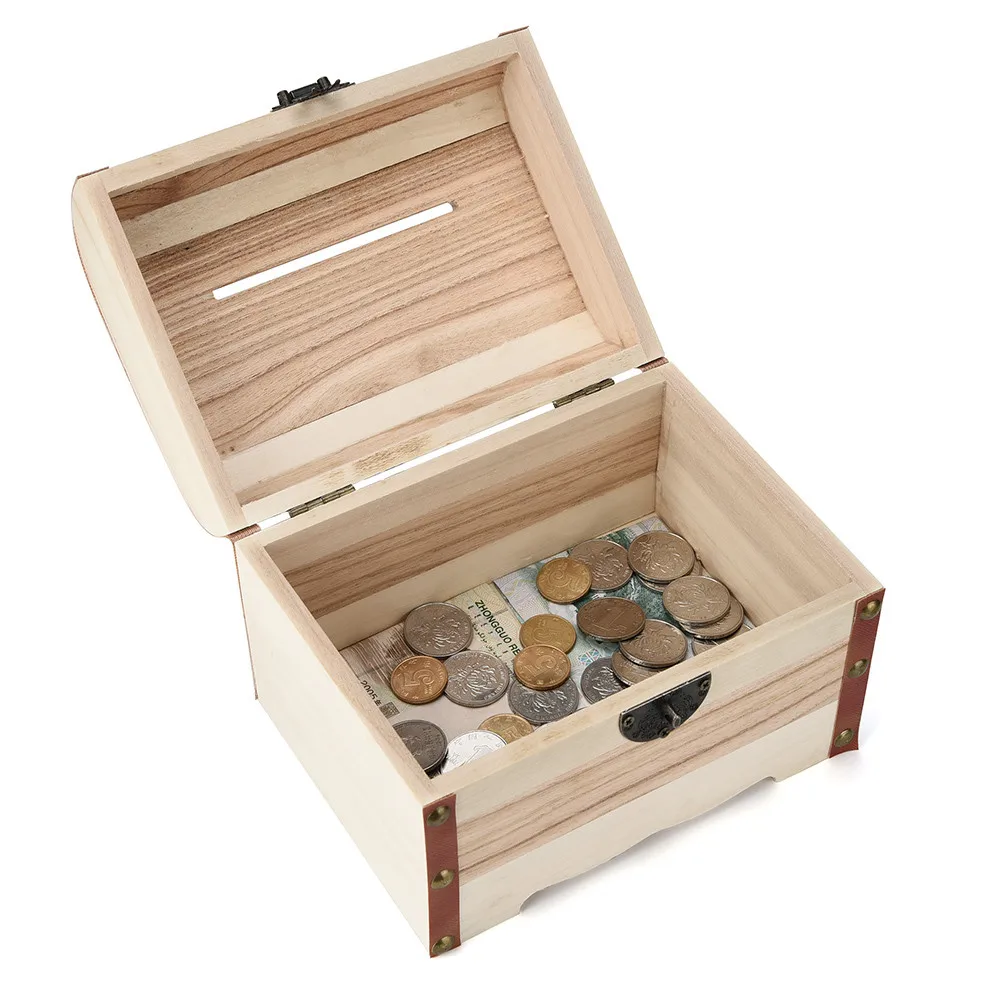 صندوق مجوهرات خشبي صندوق تخزين خشبي عتيق مع قفل ومفتاح آمن توفير حصالة خشبية لتوفير المال #4