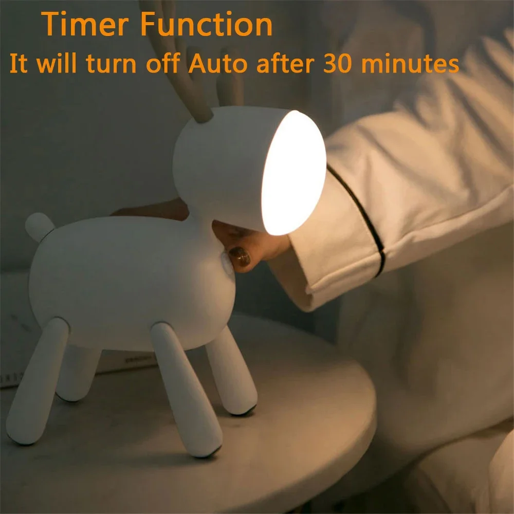 USB Rechargeable Cute Deer LED Night Lights Dimmable Bedside Table Desk Lamp with Timer Function for Kids Room Baby