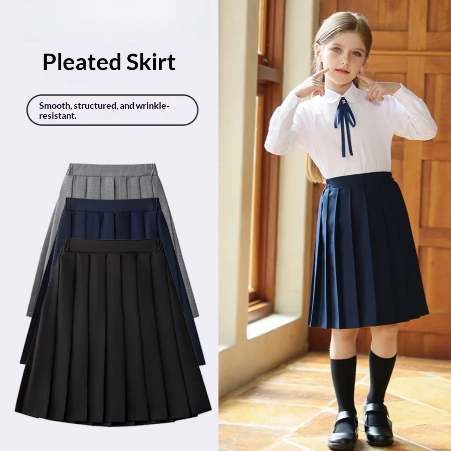 

School Teens Girls Long Pleated Skirt Wrinkle-resistant No-iron Elastic Waist Midi Skirt Uniform Party Casual Daily Outfit