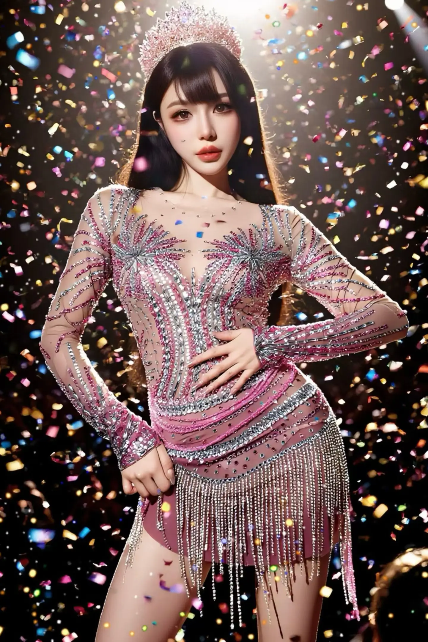 Feilinfen Green Print Mesh Fringe Dress One Long Sleeve High Neck Tassel Rhinestone Latin Dance Competition Stage Outfit