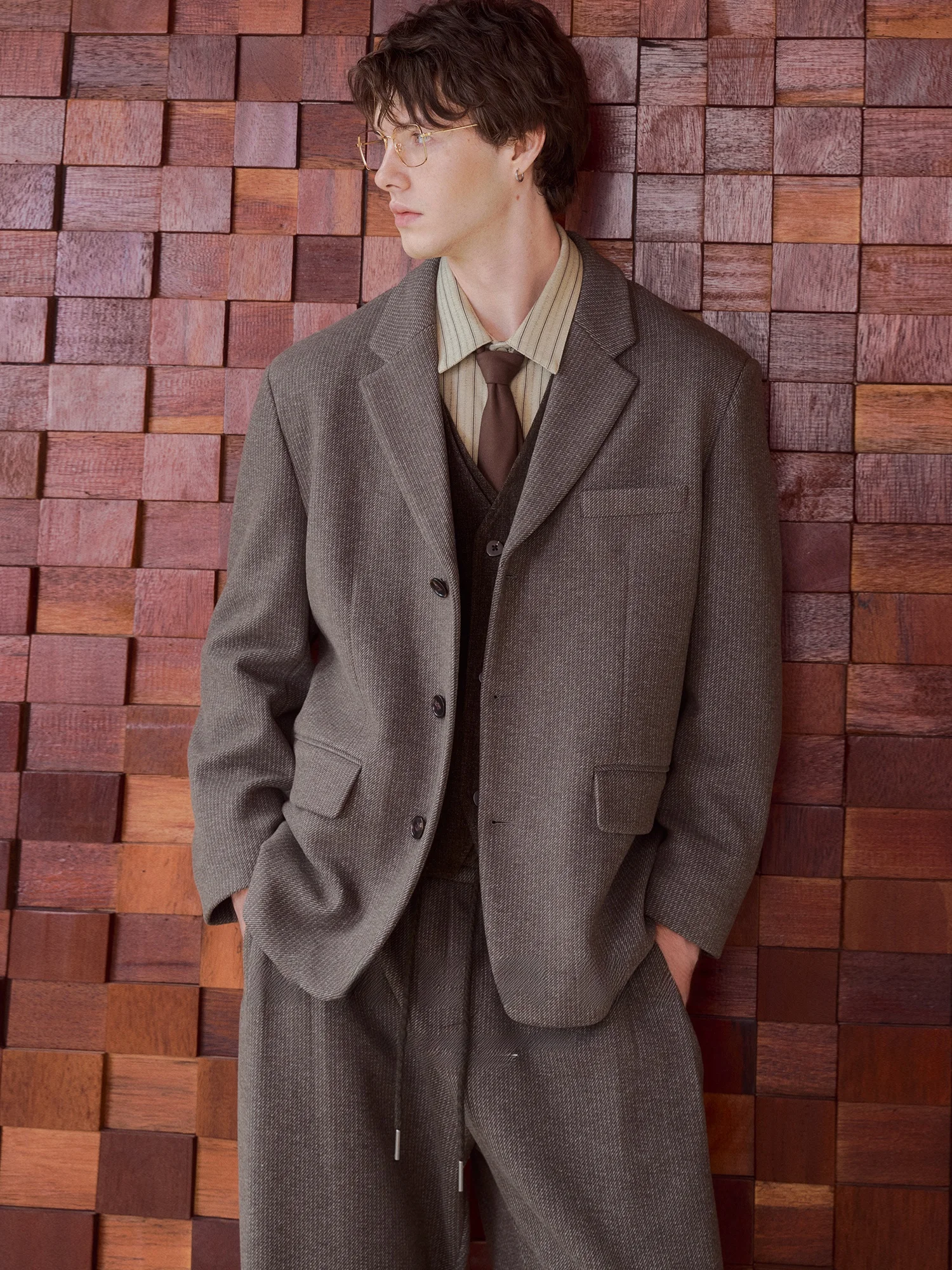 Acetate Wool Heavyweight Autumn Winter Men's Suit Jacket Casual Loose Shoulder Wide Leg Pants Set Youth Business Casual Style