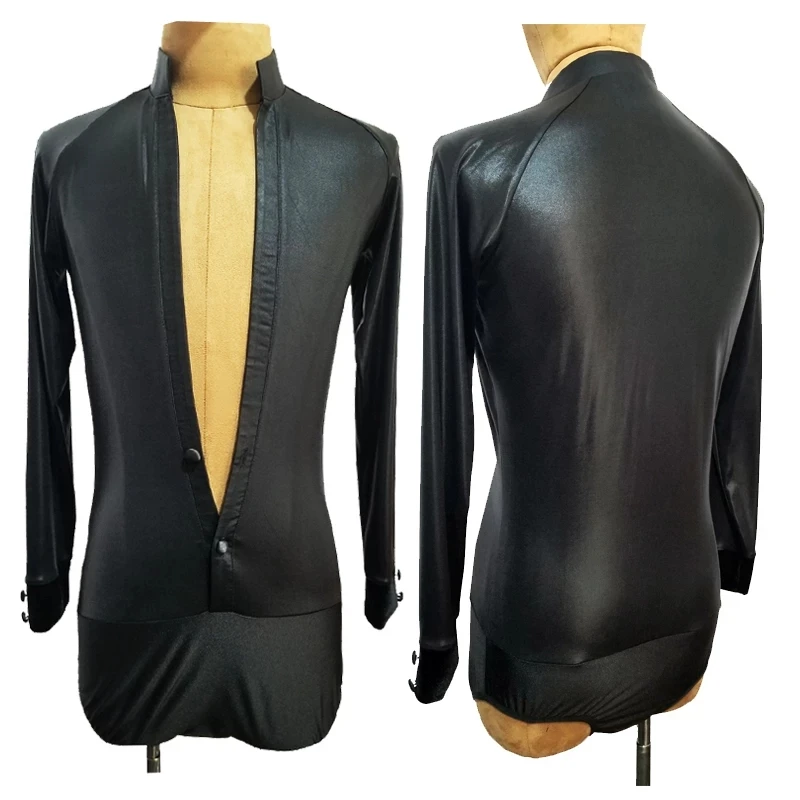 V-Ncek Latin Dance Shirt Adult Male Competition Costume Black Long Sleeve Tango Ballroom Dance Clothes ChaCha Dancewear