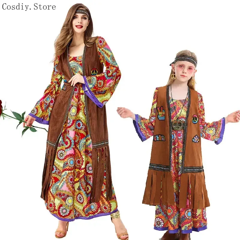 Disfraz indio gitano Hippie para mujeres y niñas, Carnaval Hippy de los años 60 y 70, Festival a juego Groovy Flower Power Vintage para adultos, kiv;6,a'3
