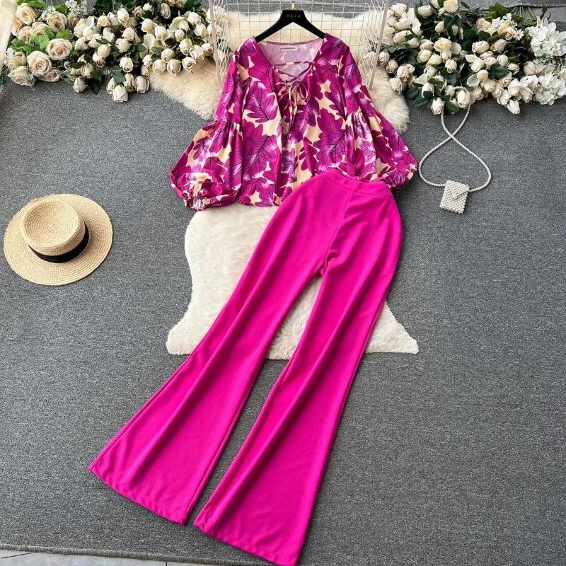 Ladies' Suit Printed Spring Summer Loose Streetwear Lantern Sleeves Loose Shirt Draped Slim Long Elastic Waist Flared Pants