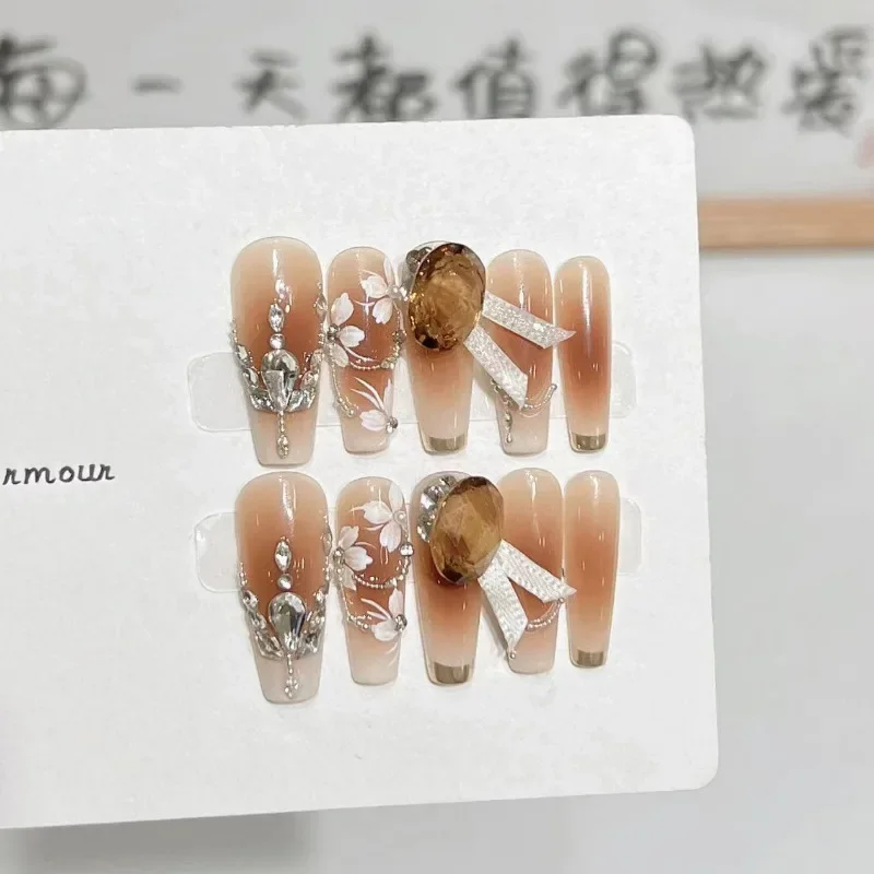 Handmade Press on Nails Elegant Maillard Caramel Blush French with Hand Painted Flowers Full Cover False Nail Wearable Nail Tips