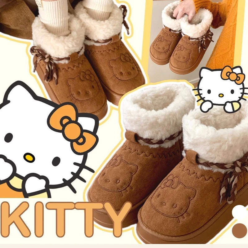 Sanrio Hello Kitty Snow Boots Winter Girl Plush Snow Booties Keep Warm Slippers Shoes Non-Slip Sneaker Outdoor Warmth Snow Boot