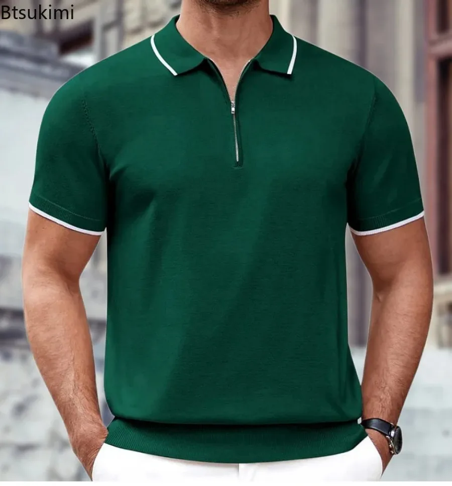 Camiseta de punto a rayas para hombre, jersey de media cremallera, Polo informal de negocios de manga corta, novedad de verano, 2024