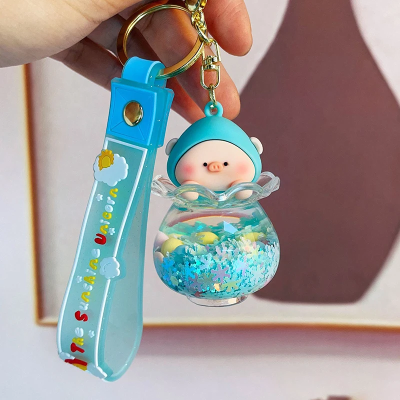 Cute Little Pig In Oil Quicksand Fish Tank Drift Bottle Keychain Female Cute Exquisite Bag Key Chain