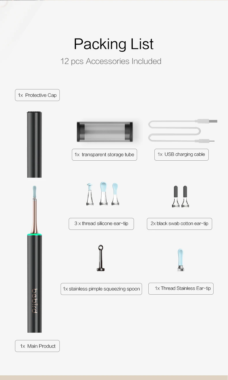 Bebird-منظف الأذن البصري المقاوم للماء ، منظار إزالة حب الشباب والشمع ، مفتاح مغناطيسي Minifit ، IP67 الرعاية الصحية ، T15 ، HD1080P ، 2 في 1