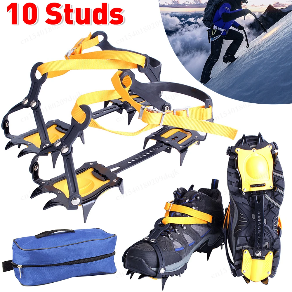 1 Pair Professional 10 Teeth Ice Crampons Snow Non-slip Boot Shoes Covers Steel Strap-on Ice Grippers for Skiing Hiking Climbing