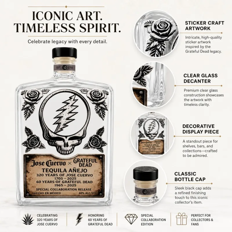 Autocollant Grateful Dead pour carafe en verre créative, bouteille de tequila ou de whisky, décoration de bar, cadeau de collection, présentoir pour la maison ou le pub